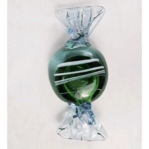 Vintage Glass Murano Wrapped Candy Piece Hand Blown Green Swirl Paperweight